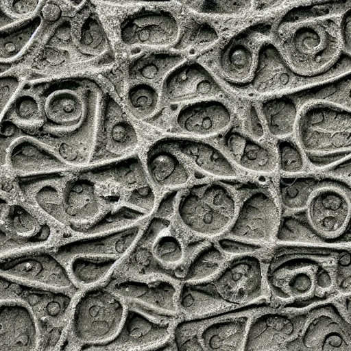 Texture generated with stable diffusion v1.  Shows a mostly black and white image with outset spiraly pieces.  Looks kind of organic but also like rock, and has vibes of an electron microscope image.  The prompt used to generate it was “ridged niobium wall  relic of an ancient alien civilization  long sulfur trenches with deep symmetrical geometric patterned corroded  erosion exposes intricate black crystalline neodymium computer circuitry”